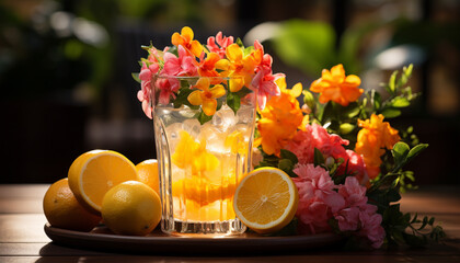 Fresh lemonade on wooden table, surrounded by flowers generated by AI