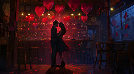 A couple's passionate embrace amid the vibrant atmosphere of a crowded bar, their clothing and bodies swaying in sync with the pulsating beat of the music - obrazy, fototapety, plakaty