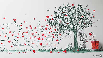 valentines day card with love petal of red hearts and gifts