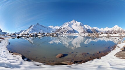 A sprawling glacier stretching into the distance, surrounded by snow-covered summits and reflected in a still alpine lake -Generative Ai