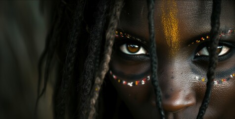 Beautiful african tribe woman, tribal markings, very detailed eye and iris, rasta hair, looking...
