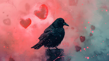 Fototapeta premium A solitary black bird perches atop a weathered piece of wood, its sleek feathers a striking contrast against the intricate strokes of the surrounding painted landscape