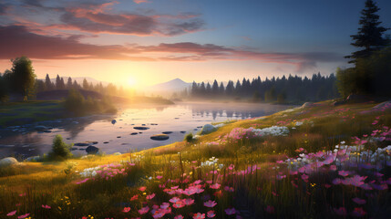 Fototapeta na wymiar spring meadow in the morning at sunrise