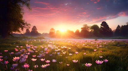 spring meadow in the morning at sunrise - obrazy, fototapety, plakaty