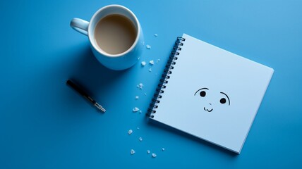 Blue Monday notebook with coffee mug blue background