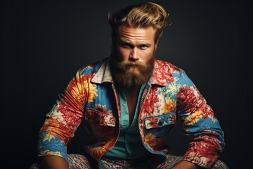 Handsome young man with long beard and moustache in colorful shirt sitting on black background