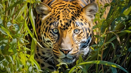 A stealthy jaguar prowling through thick vegetation, its spotted coat blending with the shadows -Generative Ai
