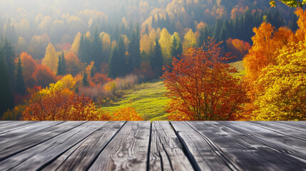Naklejka na ściany i meble Premium Wooden empty table on the background of the sea, island, forest, autumn and blue sky. Display. Wooden exhibition. Forest, lake, natural, snowy, sea and wine room. High quality landscapes.
