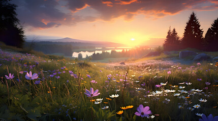 spring meadow in the morning at sunrise