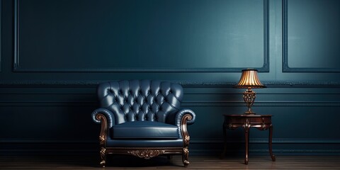 Luxurious deep blue room with a classic-style armchair on a dark background.
