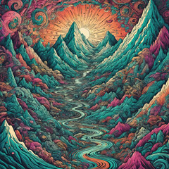 Psychedelic Trip - Close-up of a Mountain, Hand, and Spiral with Mind-Altering Visual Distortions Gen AI - obrazy, fototapety, plakaty