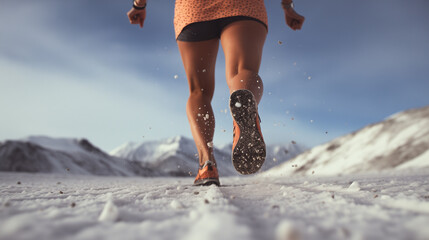 Rear perspective of a woman's legs clad in athletic footwear as she runs through the snowy terrain in winter