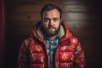 Portrait of a handsome bearded man in a red jacket on a wooden background