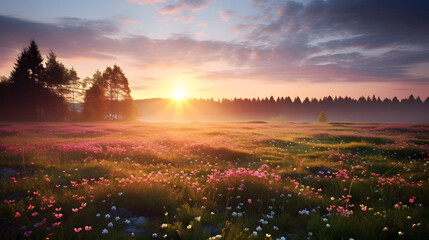 spring meadow in the morning at sunrise - obrazy, fototapety, plakaty