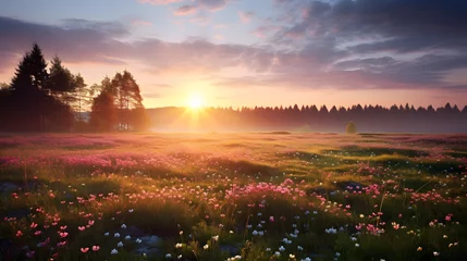 Tuinposter spring meadow in the morning at sunrise © toomi123