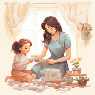 mothers day love, mother child love poster or card illustrations