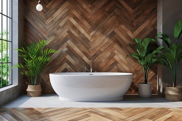 Fototapeta na wymiar Elegant bathroom with freestanding bathtub against herringbone wood wall. Interior design concept. 3D Rendering