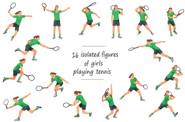 16 figures of a women's tennis girl players in green shirt running, rushing, jumping, serving the ball, receiving the ball