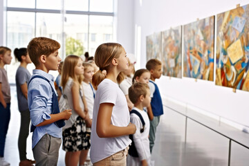 Fototapeta premium A Group of school children standing before abstract paintings during a art museum visit. Modern art gallery in the background. Elective courses in schools. Horizontal. Copy space.