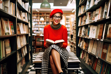 A young african ethnicity female in preppy style clothing browses books in a library background. The colorful fashion and trendy outfit complements the intelligence and beauty of university student. - obrazy, fototapety, plakaty
