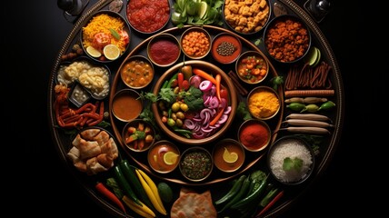 FF A sumptuous thali spread, featuring an array of colorful curries, dals, chapatis, and pickles, with each element meticulously arranged to highlight the diversity of Indian cuisine -Generative Ai