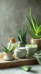 Organic aloe beauty treatment display, various containers with aloe vera on a muted earth toned background
