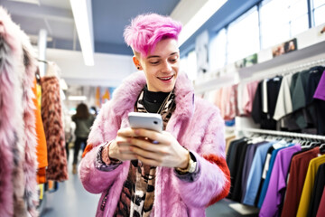 A young LGBT man in Y2K vibes, with vibrant colored hair, tries on a pink faux fur jacket in a clothing store. He is chatting with friends on a smartphone in his hands.
