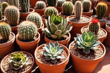 Various types of cacti in terracotta pots bask in the greenhouse sunlight