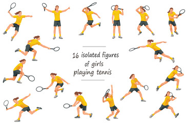 Fototapeta na wymiar 16 girls figures of a women's tennis player in yellow sportswear standing, running, rushing, jumping, hitting, serving, receiving the ball