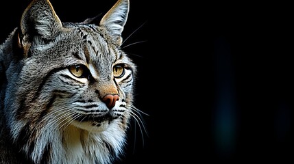 Close up portrait of a bobcat isolated on dark background for wildlife concept