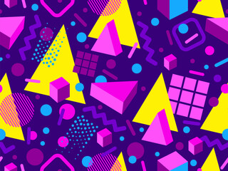 3D geometric seamless pattern in 80s style. 3d isometric triangles, zigzags and circles. Geometric memphis style. Design for promotional products, wrapping paper and printing. Vector illustration