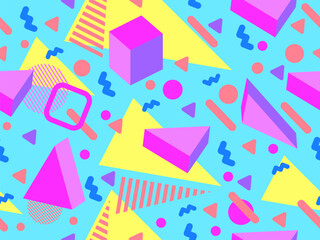3D geometric seamless pattern in 80s style. 3d isometric triangles, zigzags and circles. Geometric memphis style. Design for promotional products, wrapping paper and printing. Vector illustration