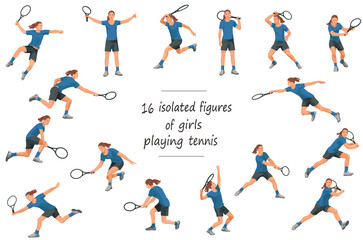 Fototapeta na wymiar 16 figures of girls tennis players in blue sports equipment throwing, catching, hitting the ball, standing, jumping and running