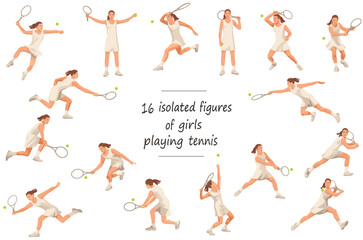 16 isolated figures of girls tennis players in white tournament dress in various stances and grips standing, running, rushing, jumping, hitting, serving, receiving the ball