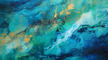 Organic Turquoise and Gold Watercolor Nebula with Sparkling Foils and Emerald Accents Texture Background
