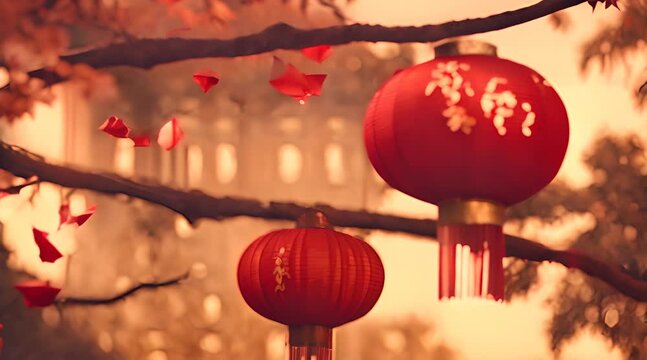 Blurred abstract background. Chinese red lanterns on blurred background AI