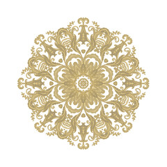 Ornamental golden laced vector floral composition, flourish vignette, rosette, mandala on white background