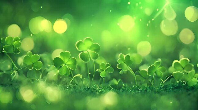 St. Patrick's green bokeh background with clovers AI