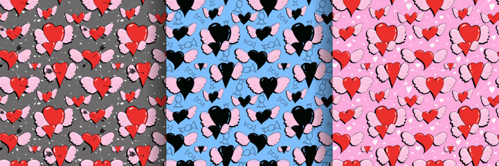 Love hearts with wings cupid's arrows seamless pattern set, romantic, valentine day print Fashionable texture background for wallpaper, wrapping product, textile, fabric