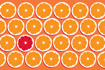  Abstract society, ordinary, vision be different, unique personality or standing out from the crowd, leadership quality. Identical orange slices one red grapefruit slice  against the current.