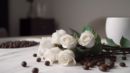 Fototapeta na wymiar Realistic coffee beans, bouquet of white roses on white table