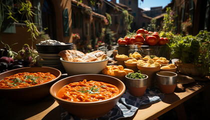 Freshness of vegetables, gourmet meal, healthy eating outdoors, traditional festival generated by AI