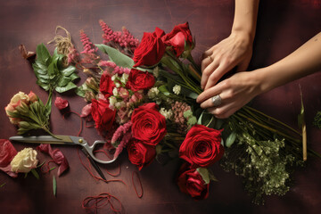 Plan view of florist's hands, making up a red rose flower arrangement surrounded bye, scissors, string and disregarded petals - obrazy, fototapety, plakaty