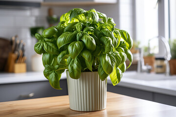 Fresh basil in a white pot on a wooden table in the kitchen. Generated by artificial intelligence