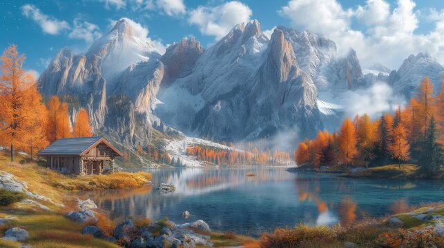 High mountains covered with autumn trees, landscape photography, perfect composition