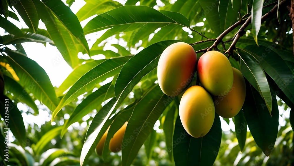 Aufkleber Mango fruit on the branches of a tree in the middle of the leaves in the soft light