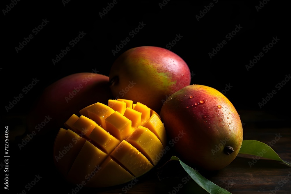 Aufkleber several ripe yellow-red mango fruits with drips on a wooden table of planks, with the core cut out a