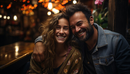 Young couple smiling, embracing, enjoying love and togetherness outdoors generated by AI