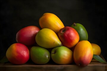 Still life of a bunch of ripe fruits mango pear and apples lying on a wooden board on a dark smoky background
