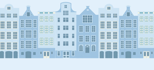 Row of stylized European buildings facade. Pastel colors city street, urban architecture. Peaceful town district scene vector illustration.
